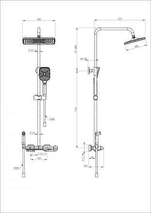 Wonzon &amp; Woghand Muse WW-B4132-A-MB Душевая система с техническим душем и термостатом черный матовый