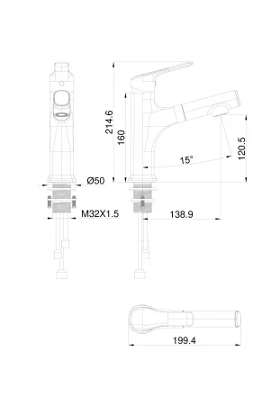 Wonzon &amp; Woghand WW-AE4151-BG Смеситель для раковины с выдвижным изливом брашированное золото