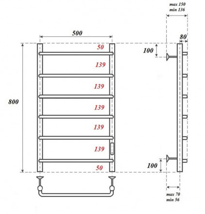 POINT PN08858 П6 500x800 полотенцесушитель электрический диммер справа