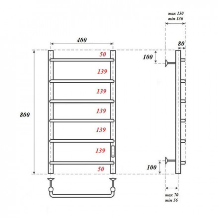 POINT PN08848 П6 400x800 полотенцесушитель электрический диммер справа