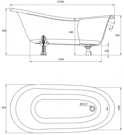Ванна Castone Даллас 175x81 на ножках (золото)