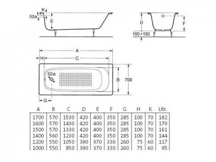 Roca Continental 120x70 21150600R Чугунная ванна без покрытия