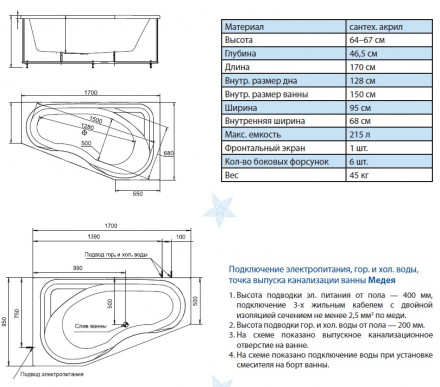Aquatek Медея 170x95 Акриловая ванна с гидромассажем правая