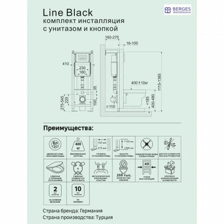 Berges Line Black Комплект инсталляция с унитазом с микролифтом клавиша цвет черный