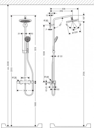 Hansgrohe Croma 220 Showerpipe 27185000 Душевая стойка с поворотным держателем