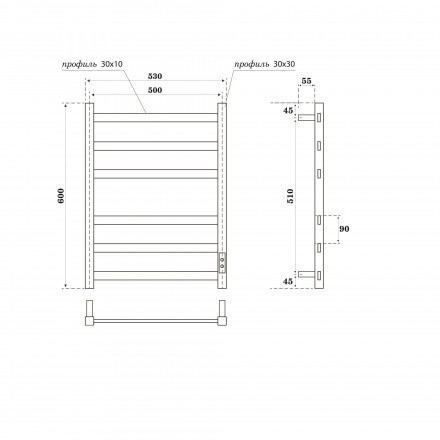 POINT Меркурий PN83856GR П6 Полотенцесушитель электрический 500x600 диммер справа