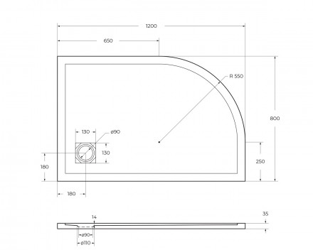 BelBagno UNO TRAY-MR-UNO-RH-120/80-550-35-W-R-CR душевой поддон из искусственного мрамора в комплекте с сифоном