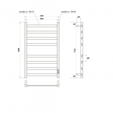 POINT Меркурий PN83858GR П8 Полотенцесушитель электрический 500x800 диммер справа