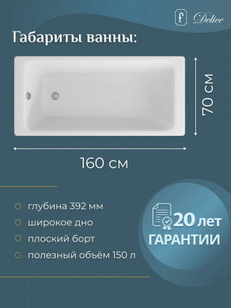 Delice Parallel DLR 220504-AS Ванна чугунная 160х70 с противоскользящим покрытием
