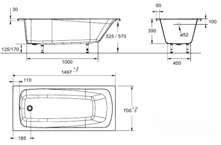 Jacob Delafon Patio E6810RU-01 Комплект прямоугольная ванна 150*70 с фронтальнойпанелью с крепежом