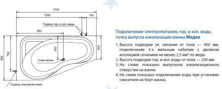Aquatek Медея 170x95 Акриловая ванна левая без гидромассажа