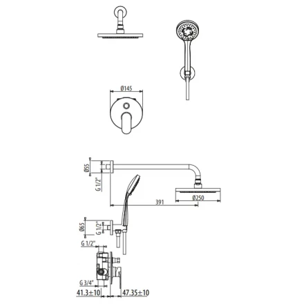 GATTONI H2Omix7000 А0002439025 Комплект для душа со смесителем встроенным на 2 выхода ручным душем с держателем и верхним душем   Nero Opaco