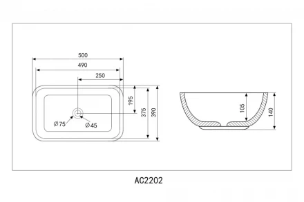 ABBER Rechteck AC2202MBE раковина накладная