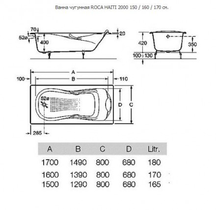 Roca Haiti 170x80 2327G000R Чугунная ванна с противоскользящим покрытием