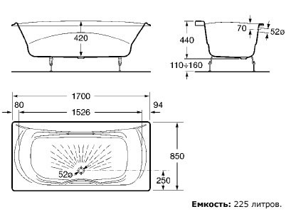 Roca Akira 170x85 2325G000R Чугунная ванна с противоскользящим покрытием