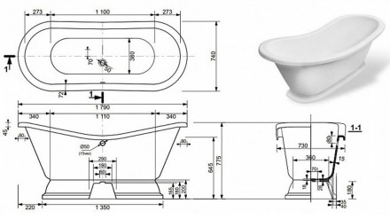 Эстет Бостон ванна из литьевого мрамора 1800x740 на подиуме