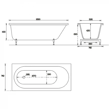 Vate Linna 169x74 Ванна из искусственного камня