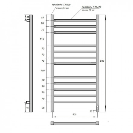 POINT Вега PN71850W П12 Полотенцесушитель электрический 500x1000 (диммер справа, белый)