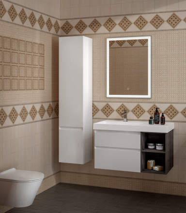 Kerama Marazzi Cubo 90 тумба подвесная с ящиками левая, белая глянцевая-древесная
