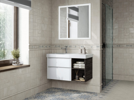 Kerama Marazzi Cubo 90 тумба подвесная с ящиками левая, белая глянцевая-древесная