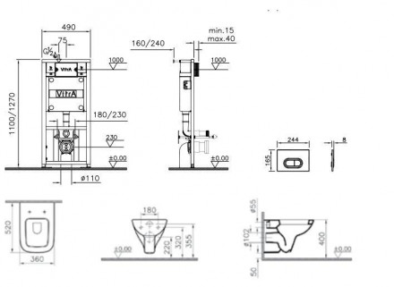 Vitra S20 9004B003-7207 Унитаз подвесной в комплекте с инсталляцией (клавиша хром)