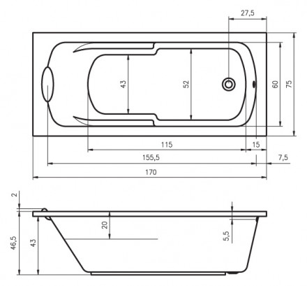 Riho Virgo 170x75 без гидромассажа акриловая ванна