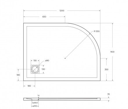 BelBagno UNO TRAY-MR-UNO-RH-120/90-550-35-W-R-CR душевой поддон из искусственного мрамора в комплекте с сифоном