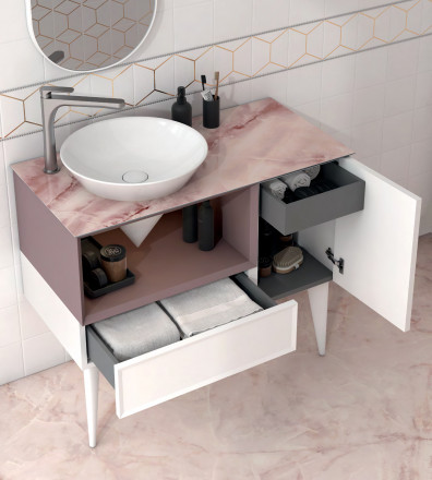 Kerama Marazzi Cono 97 тумба подвесная с открытой полкой и ящиками, белая матовая-мальва