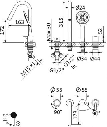 CEZARES LEAF-BVDM4-L-SR смеситель на борт ванны