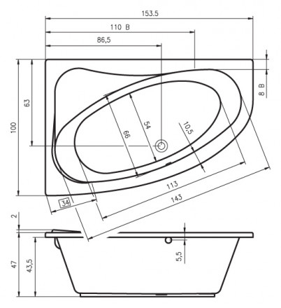 Riho Lyra 153x100 без гидромассажа акриловая ванна правая