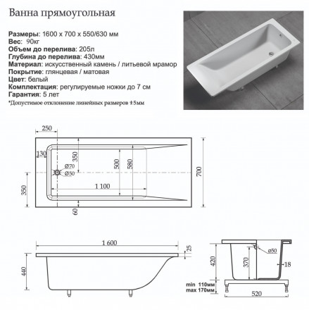 Ванна Ediss Элина 160/70 искусственный камень