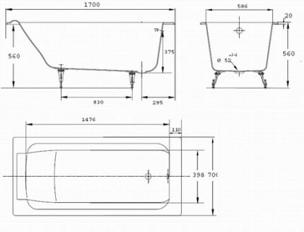 JACOB DELAFON Parallel 170 E2947-00 Чугунная ванна без отверстий для ручек