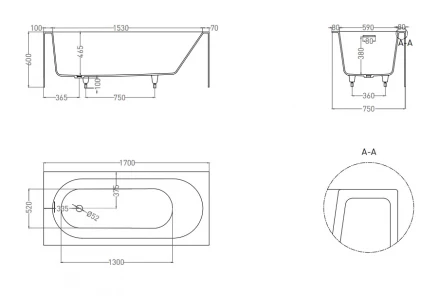 Salini Fabia 102611G Ванна пристенная белый 170x75