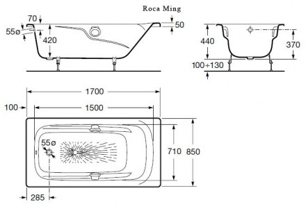 Roca Ming 170x85 2302G000R Чугунная ванна с противоскользящим покрытием