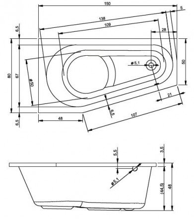 Riho Delta 150x80 без гидромассажа акриловая ванна правая