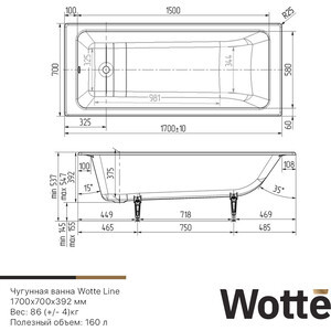 Wotte Line 170х70 Чугунная ванна