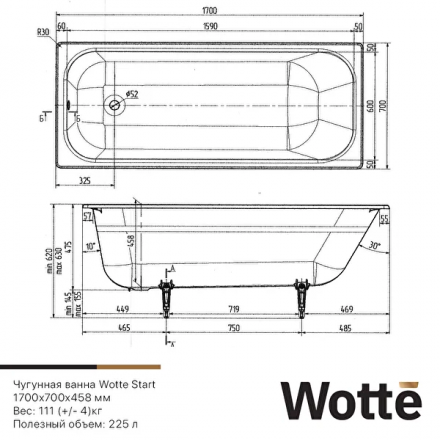 Wotte Start 170х70 Чугунная ванна с отверстиями для ручек