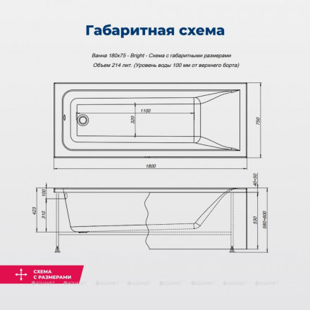 Aquanet Bright 180x75 акриловая ванна без гидромассажа