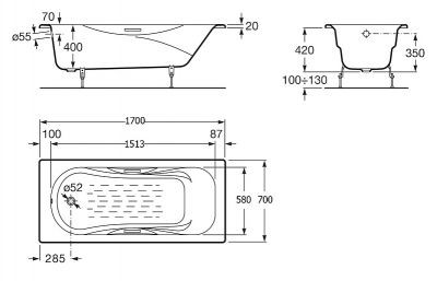 Roca Malibu 170x70 233360000 Чугунная ванна без ручек