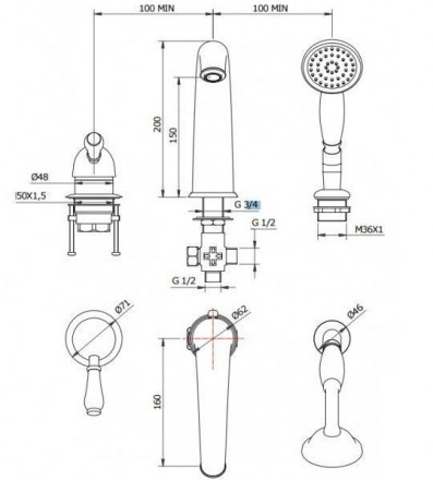 Vega Romance 91A3035022 Смеситель на борт ванны (3 элемента)